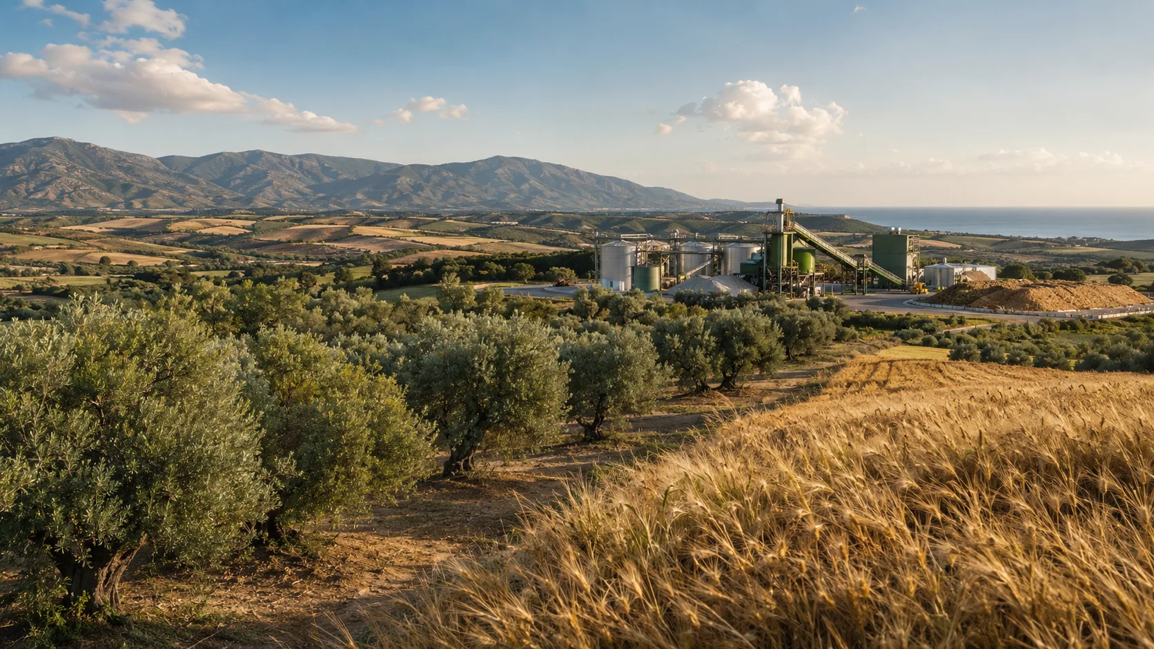 Mediterranean landscape with cereal fields, olive groves and modern biomass processing infrastructure near the coast