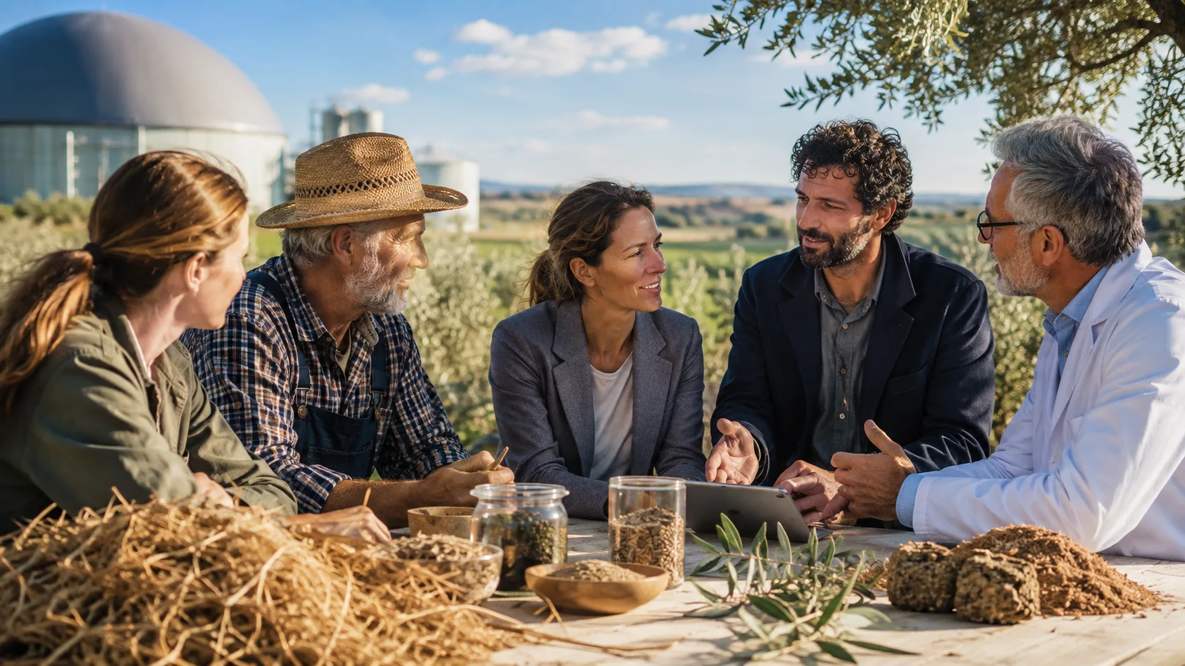 Farmers and technical specialists reviewing biomass samples and data together in an olive-growing region